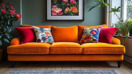 Stylish sofa adorned bold cushions and lively flowers featuring a mockup poster frame seen from a low frontal angle capturing the cheerful ambiance and inviting atmosphere of the room