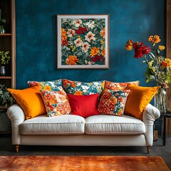 Stylish sofa bold cushions and fresh flowers mockup poster frame prominently displayed captured from a birdseye view to highlight the arrangement and colorful decor creating an inviting feel