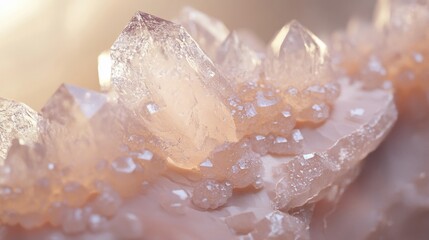 A macro view of translucent crystals with a soft, pinkish hue illuminated by a gentle light