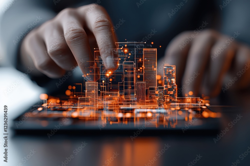 Poster striking futuristic cityscape with glowing interactive digital overlays and ai powered business pres