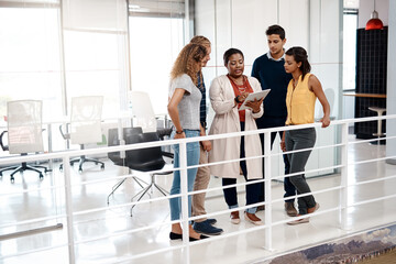 Office, collaboration and business people with tablet for research, seo report and staff for...