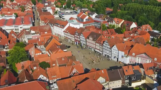 Stunning aerial view of Celle, Germany, showcasing its charming old town and timber-framed houses