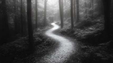 Naklejka premium A dark forest path with a curve in it