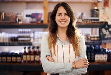 Portrait, confident owner and happy woman in cafe, small business or welcome in hospitality...