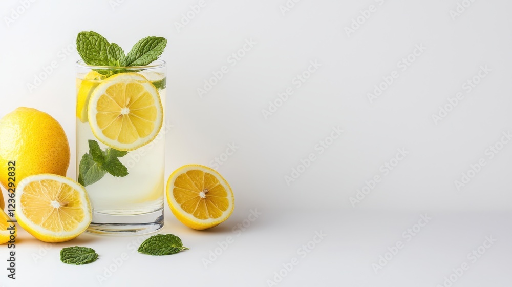 Poster refreshing lemonade drink with slices of fresh lemon and sprigs of mint in a transparent glass on a 