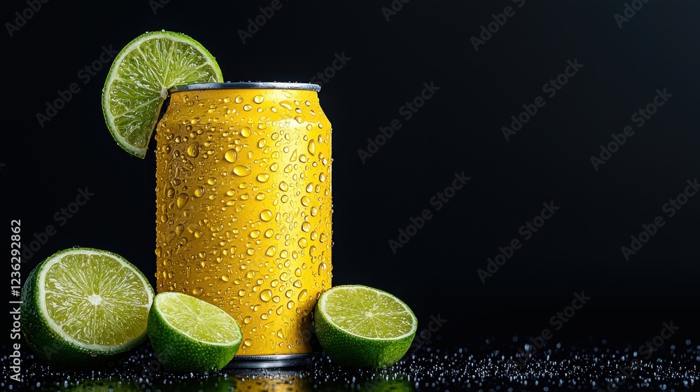Aufkleber refreshing citrus flavored beverage in a glossy yellow aluminum can with water droplets of condensat