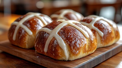 A fresh batch of homemade hot cross buns, golden brown and drizzled with icing, placed on a decorative plate for Easter brunch.