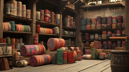 Fototapeta premium Workshop scene with wooden rulers, fabric bolts, and marked kimono material