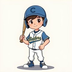 A baseball boy holding a bat wearing team jersey shirt cartoon style