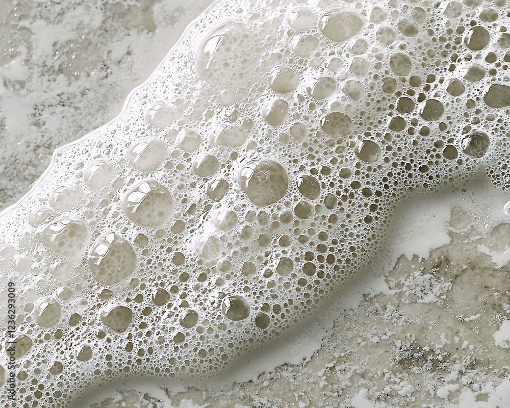 Poster close-up of frothy, bubbly foam on a textured surface.