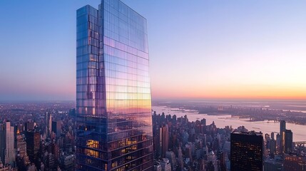 Modern glass skyscraper at sunset overlooking city skyline.