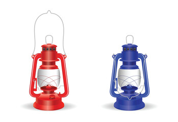 Set illustration of realistic Vintage Camping Lanterns Red and Blue isolated, for Outdoor and Emergency Use  