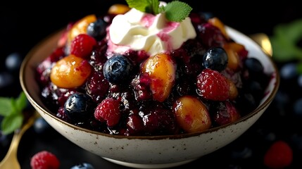 A fresh bowl of berry compote served with a dollop of whipped cream, perfect for a light Easter dessert.