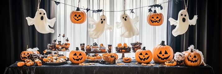 Halloween Costume Party spooky gathering with hanging ghosts, jack-o'-lanterns, and Halloween treats on a table