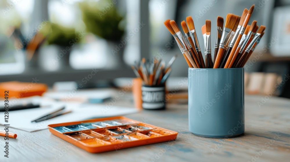 Poster vibrant and colorful studio workspace with an arrangement of various paintbrushes color palette and 