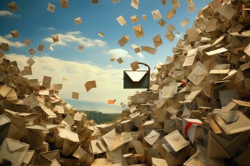 Envelopes are accumulating and flying around an overflowing mailbox in a surreal landscape under a blue sky