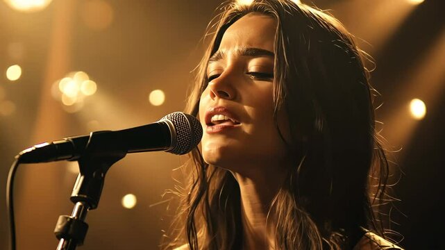 A woman is singing into the microphone on stage, generative AI