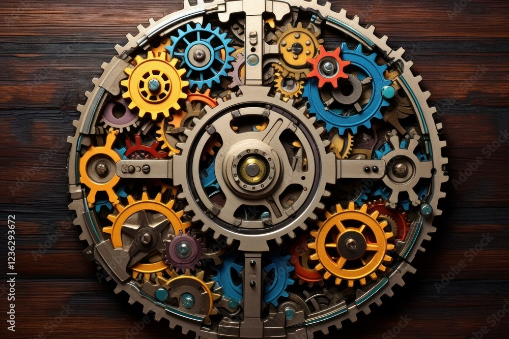 Poster intricate clockwork mechanism with interlocking gears spinning on a dark wooden surface, symbolizing