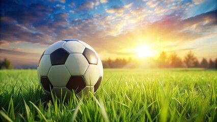 A soccer ball placed in the center of a lush green grass field with a few scattered blades of grass around it, creating a natural ambiance , game, outdoor