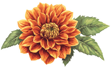 Bold orange and yellow Dahlia petals with deep green leaves, vintage engraving style, botanical print, antique artwork, engraved flower illustration, floral decor, vintage floral art.