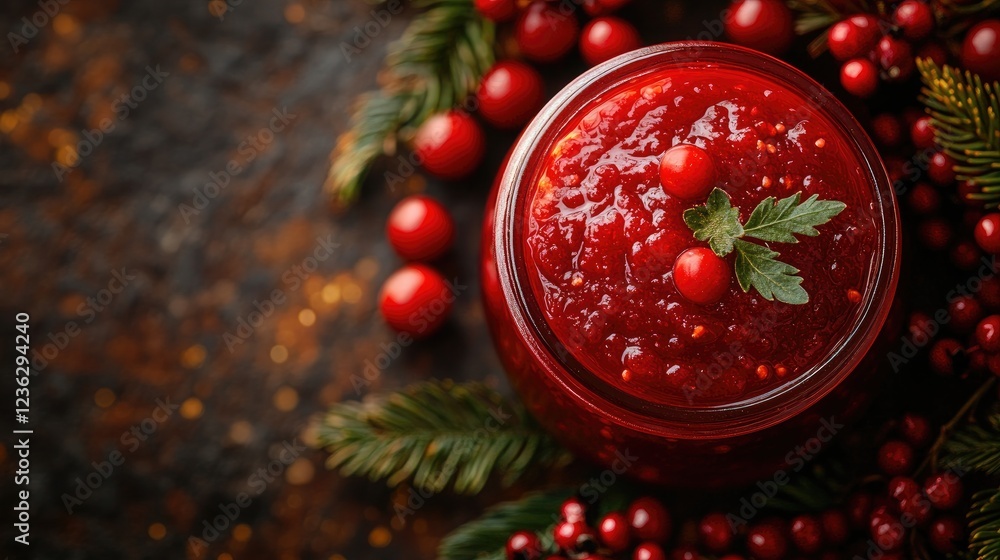 Poster festive cranberry sauce in a jar surrounded by red berries and pine branches on a rustic table