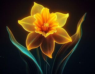 minimalist neon daffodil its yellow glow brightening a dark scene