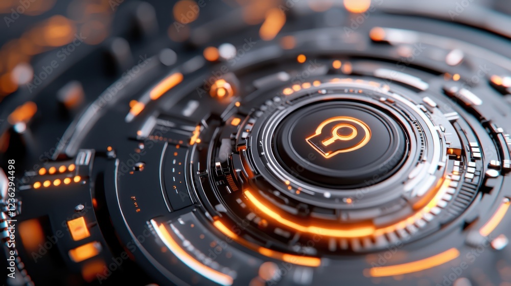 Poster futuristic cybersecurity technology showcasing a glowing digital interface and symbols representing 