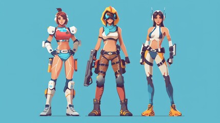 Three female characters in futuristic outfits.