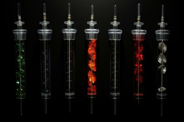 Syringes filled with colorful crystals on black background representing chemical doping in sports