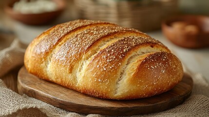 Crusty artisan bread loaf on wooden board