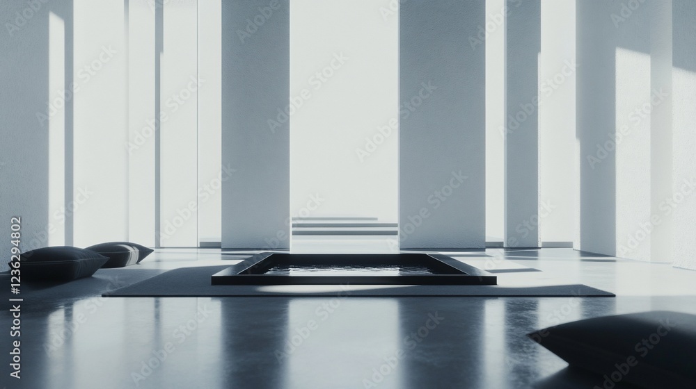Poster minimalist architecture with water feature and sunlit columns in a serene room
