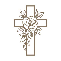 Floral cross symbol. Christian cross sign with a rose flower. Vector illustration