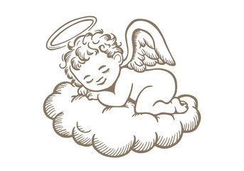 Baby angel sleeping on a cloud. Cartoon character isolated on white. Vector illustration.