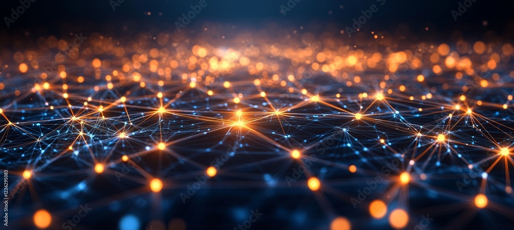 Aufkleber abstract symmetrical network of glowing lines with interconnected dots, cyan and orange colors