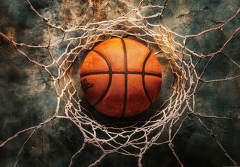 Basketball in a Worn Net, Dramatic Sports Image