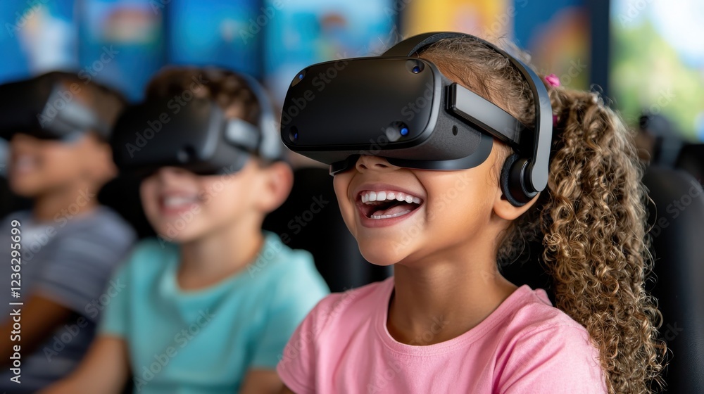 Poster group of enthusiastic children wearing virtual reality headsets and exploring interactive digital le