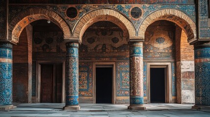 Obraz premium Palace interior, arched hallway, mosaic pillars, historical building, travel