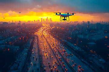 Highway With Cars And A Drone Flying Over The City 3d Rendering