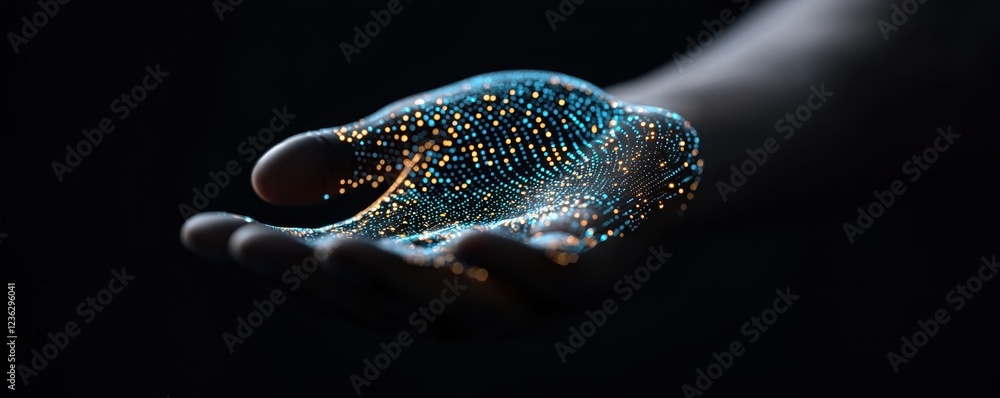 Poster radiant glowing and luminous symbol resting in a human palm surrounded by a futuristic data flow and