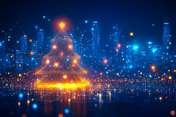 minimalist vector Christmas tree, build from big different color lights and lines, white background