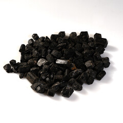 Natural Black Tourmaline Crystals Displayed on a White Background