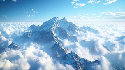 Fototapeta premium Aerial view Snowy peak above cloudscape, sunrise, mountainous landscape, travel brochure