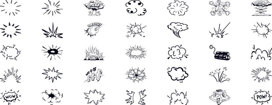 Comic bomb explosion. Cartoon brawl cloud with feet and legs. Speech explode bubbles, circle burst with bam, pow, boom, crash and bang for comic books. Vector set.