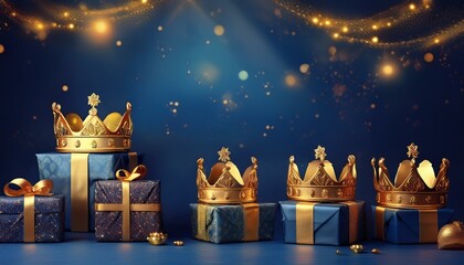 three kings day dia de los reyes magos epiphany day background three present gift boxes decorated with golden crowns standing on navy blue background with garland