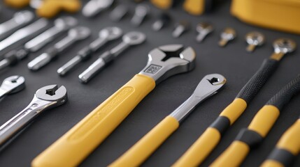 Fototapeta premium Yellow-handled wrench & tools on dark surface