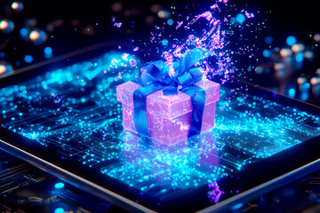 On an open tablet, there is an open gift box with a blue ribbon on it, data flying out, a purple light effect, on a dark background with a blue glowing effect
