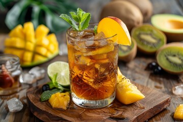 Glass of iced tea garnished with peach, mint, and surrounded by mango, kiwi, lime, and ice on a wooden board, offering a refreshing tropical vibe