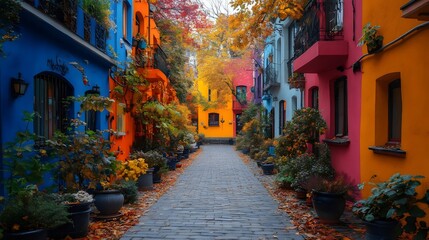 Fototapeta premium A colorful street with houses in various shades of blue, yellow, and red