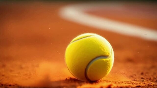 A tennis ball making impact on a clay court, captured in an action shot with a dust explosion