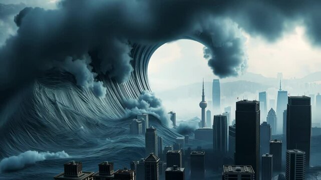 Massive ocean wave surges towards city skyline causing impending disaster